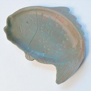 Vintage Signed Studio Pottery Terracotta Green Glazed Fish Plate / Trinket Tray